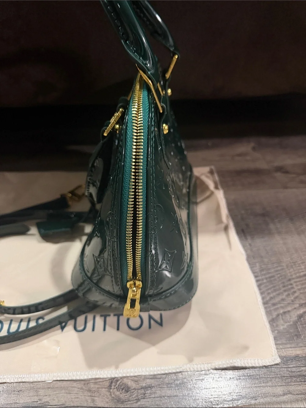 Louis Vuitton Like Vernis Alma BB Satchel in Dark Green with Gold Hardware